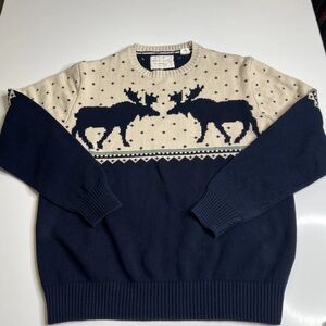 Weatherproof Vintage Navy and Cream Moose Crewneck Sweater Unisex Apres Ski Knit